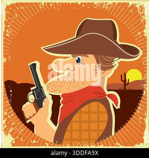 Ritratto cowboy con immagine Gun.Vector grunge Illustrazione Vettoriale
