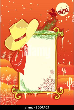 Biglietto di Natale country con stivali da cowboy e decorazioni natalizie su sfondo vintage con texture a poster vecchio Illustrazione Vettoriale