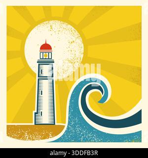 Illustrazione vettoriale del poster vintage del faro. Astratto vettore Ocean ighhouse colore paesaggio marino naturale Illustrazione Vettoriale