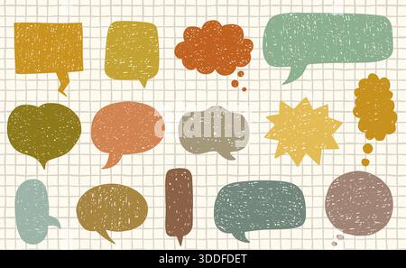 Set vettoriale con bolle vocali con texture doodle, etichette fumettistiche vuote in autunno neutro marrone terroso, senape, verde, seppia e ocra, grafica desi Illustrazione Vettoriale