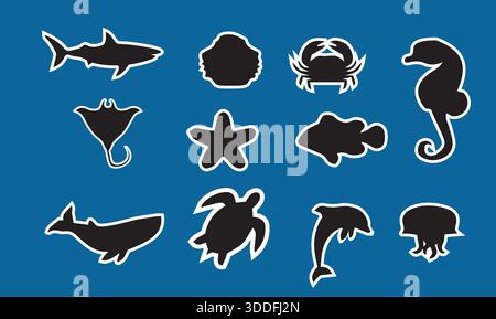 Set di adesivi per la silhouette degli animali marini icone di vita marina delfini balene squali granchio tartaruga cavalluccio marino stelle marine meduse creature oceaniche Vector Nero Illustrazione Vettoriale