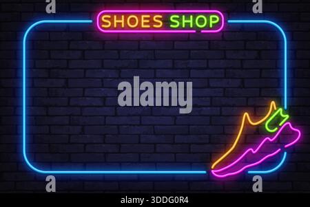 Luminosa cornice vettoriale al neon con elemento sneaker e cartello shop. Progettato per vetrine, promozioni e annunci di moda. Illustrazione Vettoriale