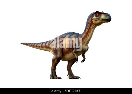 Feroci dinosauri carnivori isolati su sfondo bianco, che mostrano texture dettagliate e pose minacciose di predatori preistorici. Foto Stock
