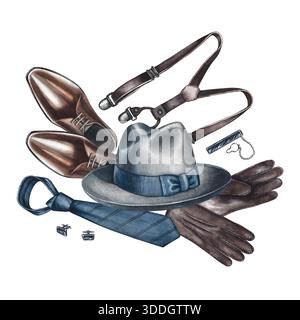 Composizione con accessori da uomo. Illustrazioni ad acquerello fatte a mano. Articoli alla moda da uomo vintage. Per cartoline, striscioni, giorno degli uomini Foto Stock