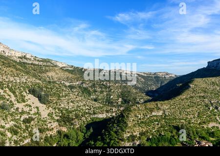 Ampie creste di pietra calcarea e aspre pendici si estendono attraverso il Cirque de Navacelles sotto un cielo azzurro. La luce del sole esalta le consistenze rocciose e la vegetazione verde sparsa, creando un senso di ampio spazio aperto. Foto Stock