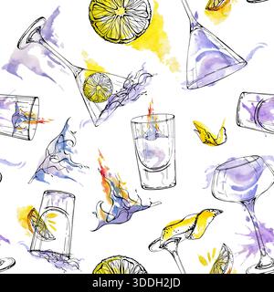 Pattern senza cuciture che combina fiamme di sambuca, fette di agrumi e cocktail e shot di tonalità lavanda. Liquore viola, spiriti trasparenti. Acquerello e. Foto Stock