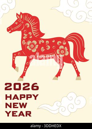Banner Web per il Capodanno lunare cinese 2026 con illustrazione di un cavallo rosso in stile cinese tradizionale, design orientale festoso con accenti oro, luc Illustrazione Vettoriale