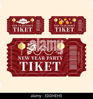 Serie di biglietti d'ingresso per la festa di Capodanno cinese con lanterne tradizionali cinesi, drago, arance, nuvole, design di pass per eventi festivi in oro rosso denaro Illustrazione Vettoriale