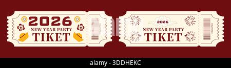 Carnet di biglietti d'ingresso per il Capodanno cinese con simboli tradizionali del denaro fortunato, fiori di prugne, fuochi d'artificio festivi e tipografia del 2026 Illustrazione Vettoriale
