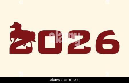 Tipografia rossa 2026 con silhouette a cavallo per il Capodanno lunare del cavallo, motivo zodiaco cinese per le feste Illustrazione Vettoriale