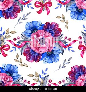 Acquerello dipinto a mano con motivo senza cuciture con espressivi fiori di anemone in tonalità rosa, blu e viola, decorato con nastri, frutti di bosco e delicati Foto Stock