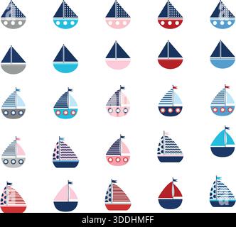 Set di barche vettoriali stilizzate isolate su bianco Illustrazione Vettoriale