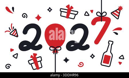 Design per il nuovo anno con stile disegnato a mano su sfondo bianco, perfetto per festeggiamenti di Capodanno, eventi natalizi e design a tema per l'anno nuovo. Illustrazione Vettoriale