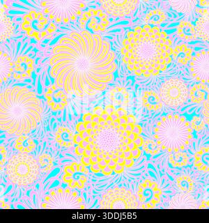 Motivo floreale psichedelico con fiori rosa e gialli su sfondo turchese. Le forme vorticose e i petali a strati creano una vivace texture retrò per Foto Stock