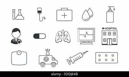 Set di icone mediche bianche e nere – simboli della linea sanitaria, ospedaliera e medica Illustrazione Vettoriale