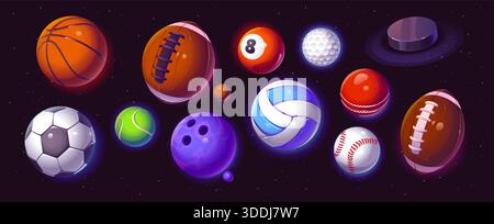 Palline del pianeta sportive brillanti che fluttuano nello spazio Illustrazione Vettoriale