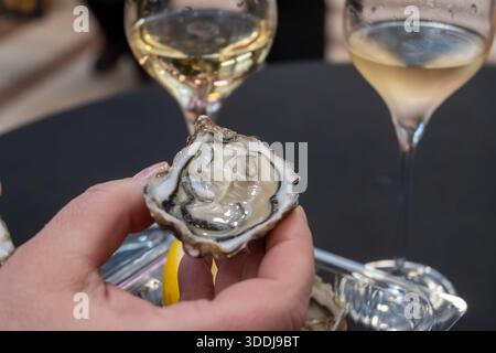 Ostriche fresche in conchiglie sul mercato francese settimanale, cibo di strada, porzione di ostriche vive aperte con un pezzo di limone da mangiare sul mercato, pesce, Francia Foto Stock