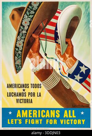 American World War II Propaganda poster (U.S. Government Printing Office, 1943). Poster OWI n. 65 "Americans All - Let's Fight for Victory", Leon Helguera artwork - artwork in spagnolo e inglese, che invocano l'unità nella guerra verso la vittoria Foto Stock