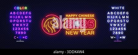 La brillante illustrazione al neon celebra il capodanno cinese 2026 con un'icona a forma di cavallo stilizzata e numeri brillanti. La scena sembra dinamica e. Illustrazione Vettoriale