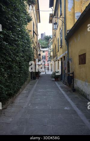 Vicolo stretto con un muro ricoperto di edera e una scogliera in lontananza con un castello sulla sua sommità, incorniciato dagli edifici sulla strada stessa, in una Foto Stock