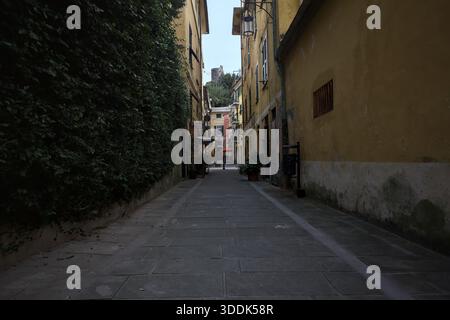 Vicolo stretto con un muro ricoperto di edera e una scogliera in lontananza con un castello sulla sua sommità, incorniciato dagli edifici sulla strada stessa, in una Foto Stock