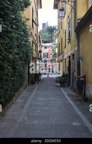 Vicolo stretto con un muro ricoperto di edera e una scogliera in lontananza con un castello sulla sua sommità, incorniciato dagli edifici sulla strada stessa, in una Foto Stock