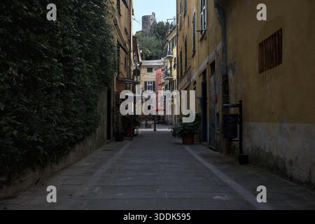 Vicolo stretto con un muro ricoperto di edera e una scogliera in lontananza con un castello sulla sua sommità, incorniciato dagli edifici sulla strada stessa, in una Foto Stock