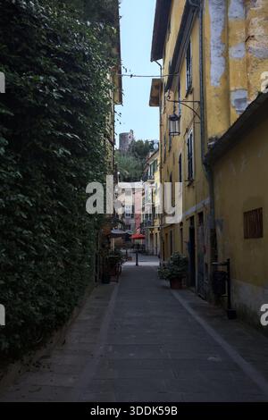 Vicolo stretto con un muro ricoperto di edera e una scogliera in lontananza con un castello sulla sua sommità, incorniciato dagli edifici sulla strada stessa, in una Foto Stock
