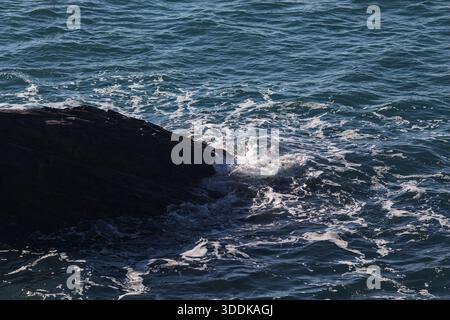 Onde che si infrangono su una roccia nel mare vista dall'alto Foto Stock