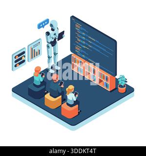 Insegnante di robot ai isometrici che insegna lezioni di Coding agli studenti. Concetto di insegnante di INTELLIGENZA ARTIFICIALE Illustrazione Vettoriale