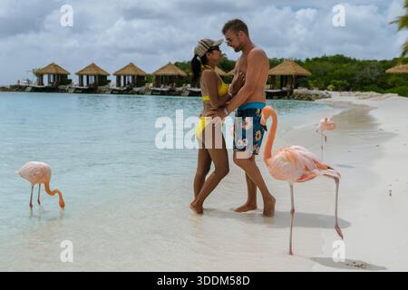 La coppia condivide un gioioso abbraccio su una splendida spiaggia di Aruba, circondata da onde dolci e fenicotteri elegantemente vaganti. Luna di miele e San Valentino Foto Stock