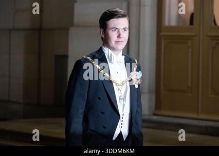 Copenaghen, Danimarca. 1 gennaio 2026. Il principe ereditario Cristiano arriva all'argine e al banchetto di Capodanno della coppia reale al Palazzo di Cristiano VII al Castello di Amalienborg a Copenaghen, Danimarca, il 1 gennaio 2026. (Foto di Kristian Tuxen Ladegaard Berg/NurPhoto) credito: NurPhoto SRL/Alamy Live News Foto Stock