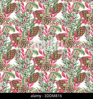 Cono di pino con motivo natalizio senza cuciture. Bouquet di acquerelli disegnati a mano su sfondo bianco. Un'atmosfera invernale floreale per un design tradizionale in tessuto e carta avvolgente. Perfetto per la carta da parati delle vacanze. Foto Stock
