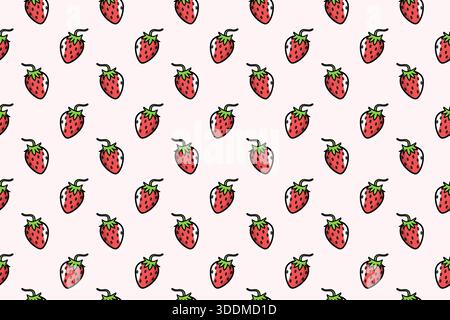Motivo senza cuciture di fragole di cartoni animati su sfondo rosa chiaro. Design vivace e divertente, perfetto per tessuti, carte da parati, imballaggi, stazione Foto Stock