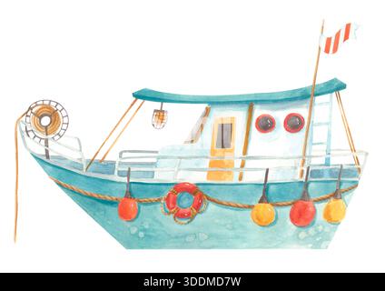 Barca da pesca acquerello con boe e salvagente isolata sul bianco. Foto Stock