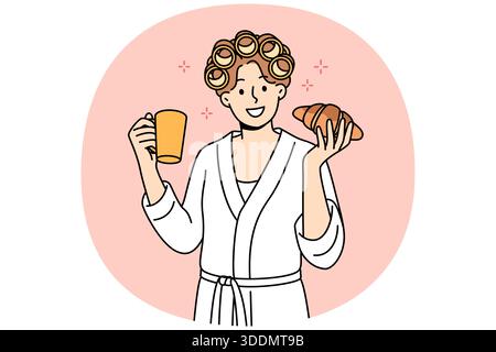 La donna apprezza la colazione mattutina a base di croissant fresco e caffè in tazza, in piedi in accappatoio e arricciacapelli sui capelli. Concezione Good Morning o importanza di svegliarsi in stato d'animo positivo per raggiungere il successo nella vita Illustrazione Vettoriale