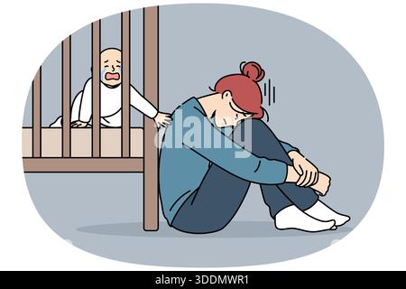 La madre esausta con stress postpartum si siede sul pavimento vicino alla culla con il neonato in lacrime e ha bisogno dell'aiuto di una tata professionista. Stress postpartum in una ragazza che non presta attenzione al figlio Illustrazione Vettoriale