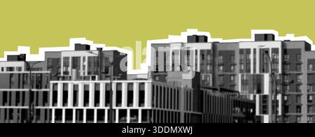 Rappresentazione grafica stilizzata di moderno complesso residenziale con edifici a più piani in bianco e nero su sfondo verde oliva che mette in risalto g Foto Stock