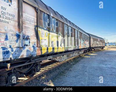 Ferrovia con vagoni merci con graffiti colorati Foto Stock