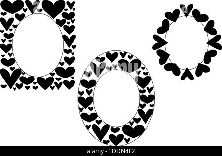 Set di template per cornice rettangolare ovale di San Valentino Hearts. Illustrazione in bianco e nero della linea grafica vettoriale. Per logo, Web, confezione, adesivo. Illustrazione Vettoriale