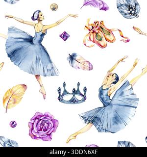 Grazioso motivo ad acquerello senza cuciture con ballerine classiche che ballano in pose espressive. Gonne fluide e movimento elegante creano un look raffinato Foto Stock