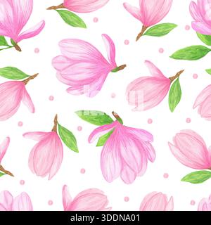 Fiori e foglie di Magnolia motivo senza cuciture, ornamento a ripetizione floreale, bouquet con foglie e fiori semplice illustrazione ad acquerello per tessuti, tessuti, idee di arredamento moderno alla moda Foto Stock