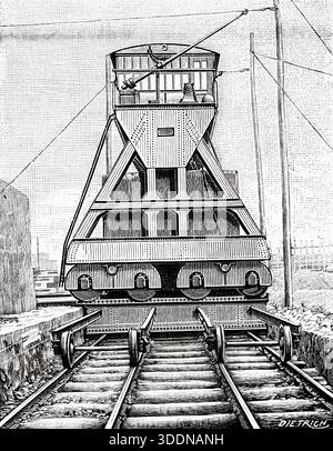 Cantiere del porto di Bilbao. Vista laterale della gru dopo aver appena posizionato un blocco sul carrello mobile. Spagna. Vecchia illustrazione incisa del XIX secolo da la Nature 1893 Foto Stock