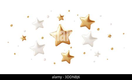 Stelle 3D realistiche dorate e bianche con coriandoli scintillanti su sfondo bianco. Elementi decorativi per feste con scintillanti forme a stella e. Illustrazione Vettoriale