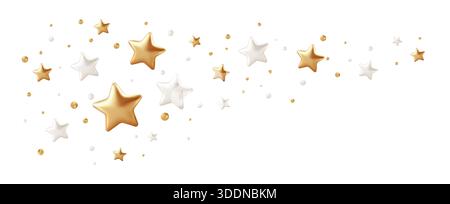 Scintillanti coriandoli di stelle dorate e bianche con realistici elementi 3D su sfondo bianco. Decorazioni natalizie con icone scintillanti Illustrazione Vettoriale