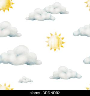 Motivo estivo senza cuciture, nuvole d'aria con un sole brillante con inchiostro giallo. Montatura in caramelle di cotone pastello acquerello. Illustrazione disegnata a mano isolata sullo sfondo Foto Stock