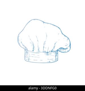 Cappello Vector Chef. Simbolo e segno del cappuccio professionale con inchiostro grafico, illustrazione degli utensili da cucina isolata sullo sfondo. Schizzo della linea disegnata a mano. Per i progettisti Illustrazione Vettoriale