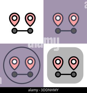 Questo set di icone vettoriali mostra due pin di posizione collegati, ideali per applicazioni di navigazione, sistemi GPS o siti Web di mappatura. È disponibile in vari stili Illustrazione Vettoriale