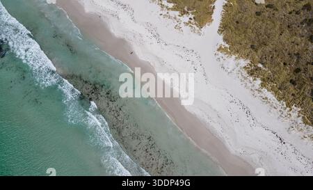 Una vista aerea mostra una spiaggia tranquilla dove le dolci onde si infrangono sulla costa sabbiosa, incorniciata da dune naturali ed erba. Foto Stock