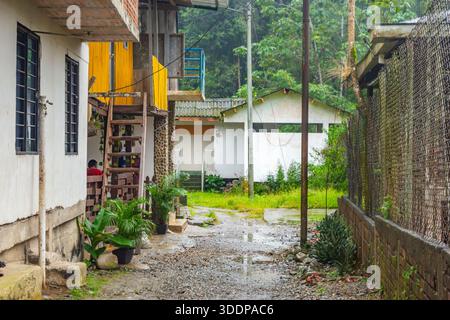 Una vista panoramica di un'area residenziale a San Cipriano, Buenaventura, Valle del Cauca, Colombia, che mostra la natura e i dintorni tropicali. Foto Stock